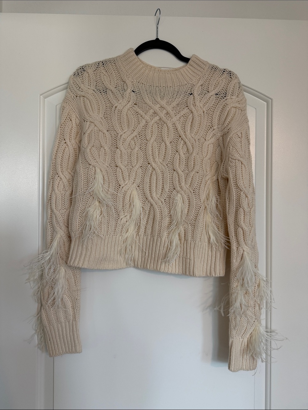 Vince Cream Cable-Knit Sweater with Feather Trim